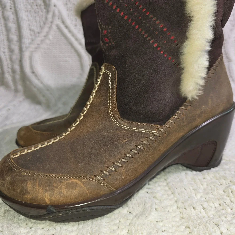 J-41‎ Naples Mid Calf Boots Winter Brown Suede Leather Faux Fur Lining Women 8M